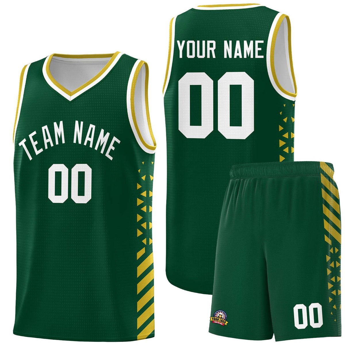 Custom Green Basketball Kits With Side Old Gold Diamond Stripe Pattern