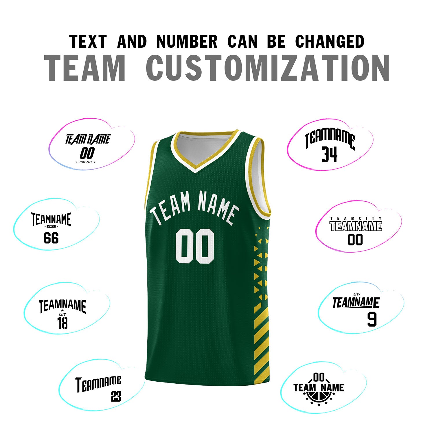 Custom Green Basketball Kits With Side Old Gold Diamond Stripe Pattern