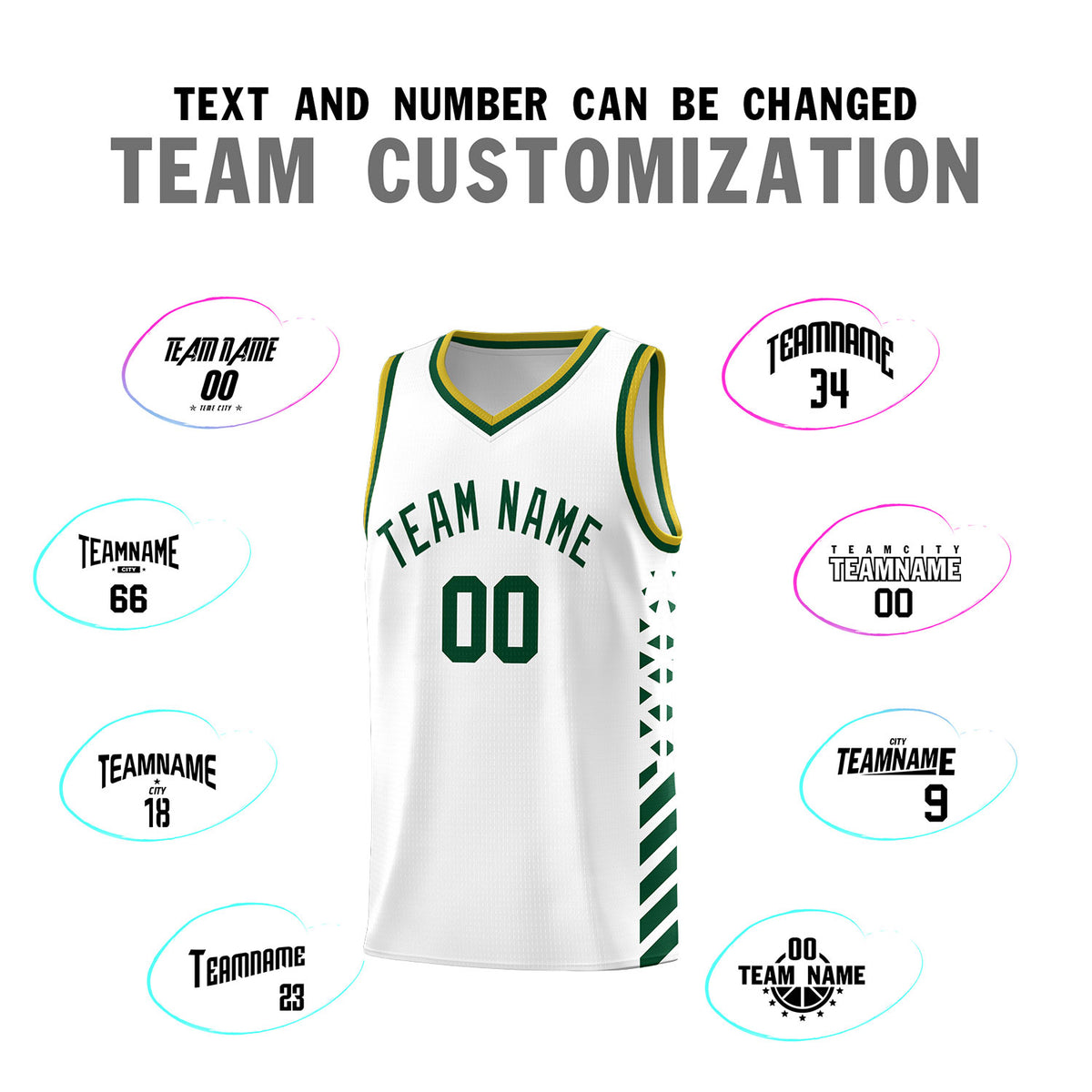 Custom White Basketball Kits With Side Green Diamond Stripe Pattern