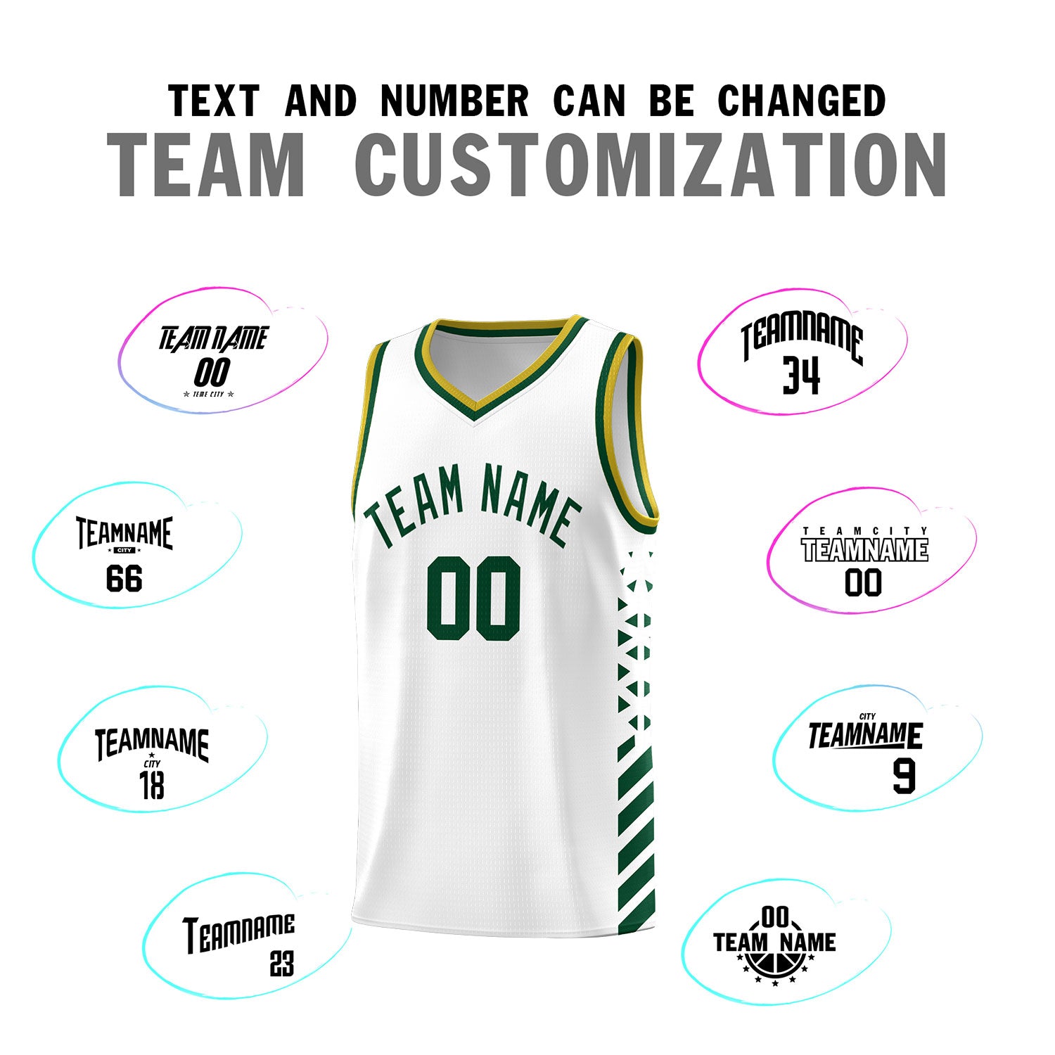 Custom White Basketball Kits With Side Green Diamond Stripe Pattern