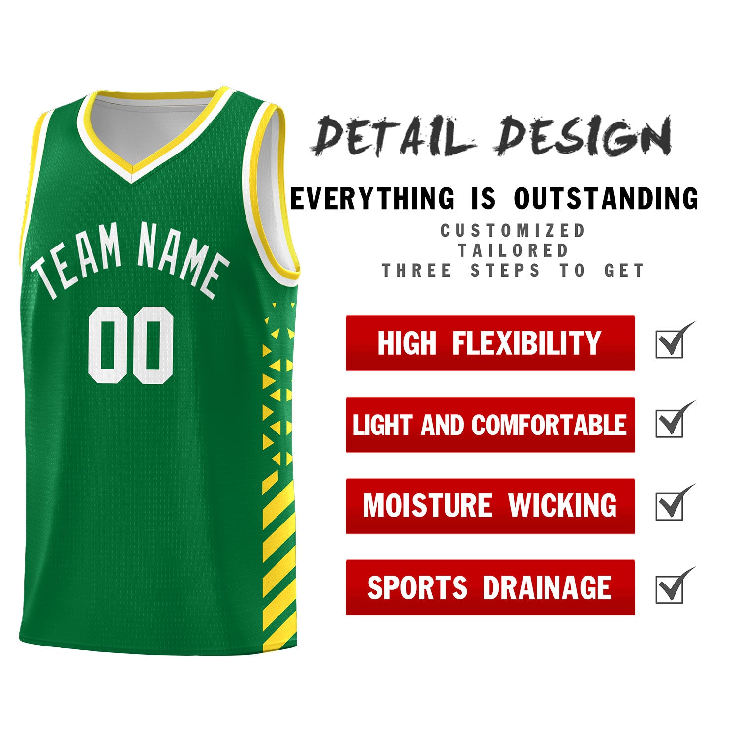 Custom Kelly Green Basketball Kits With Side Gold Diamond Stripe Pattern