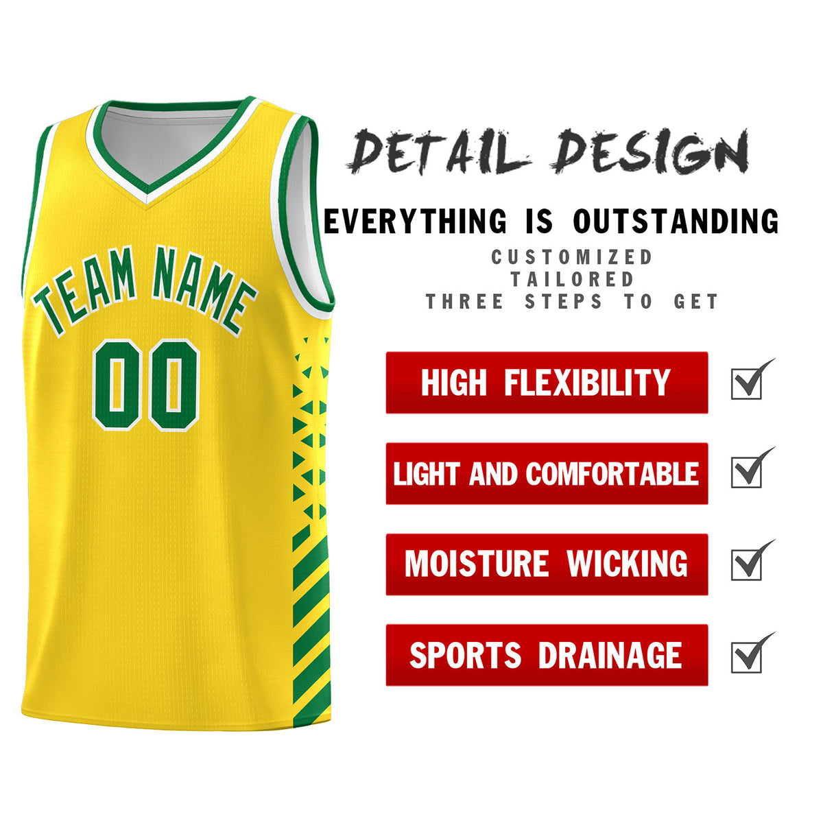 Custom Gold Basketball Kits With Side Kelly Green Diamond Stripe Pattern