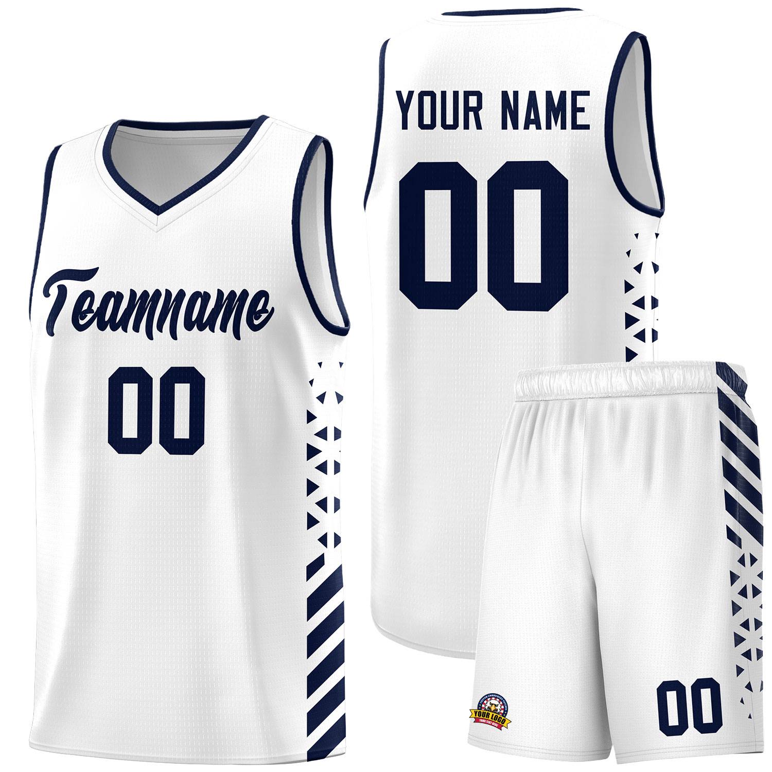 Custom White Basketball Kits With Side Navy Diamond Stripe Pattern
