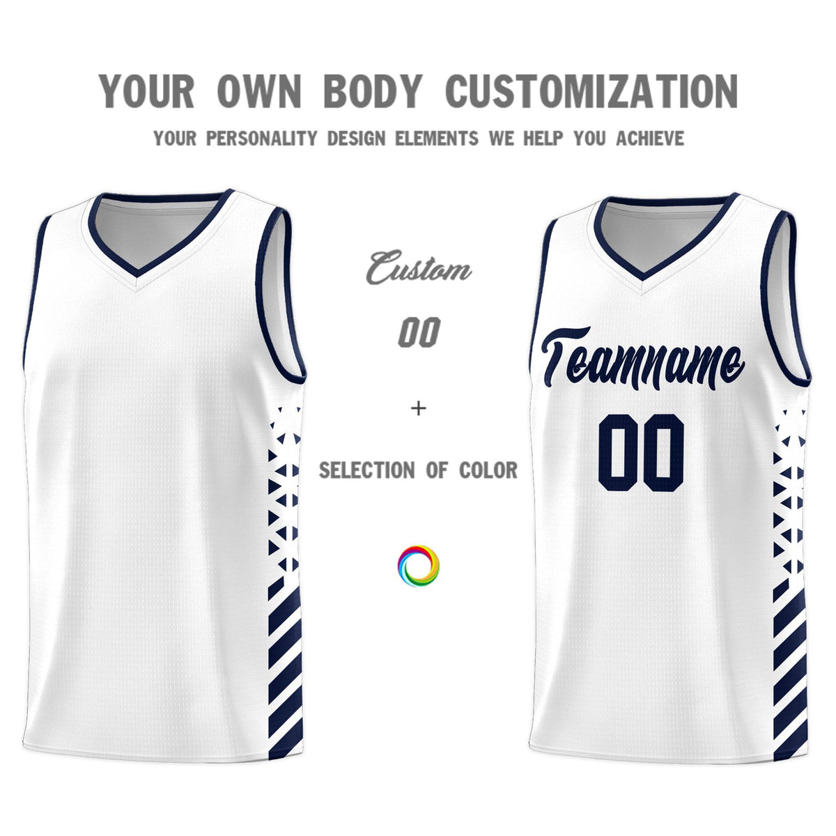 Custom White Basketball Kits With Side Navy Diamond Stripe Pattern