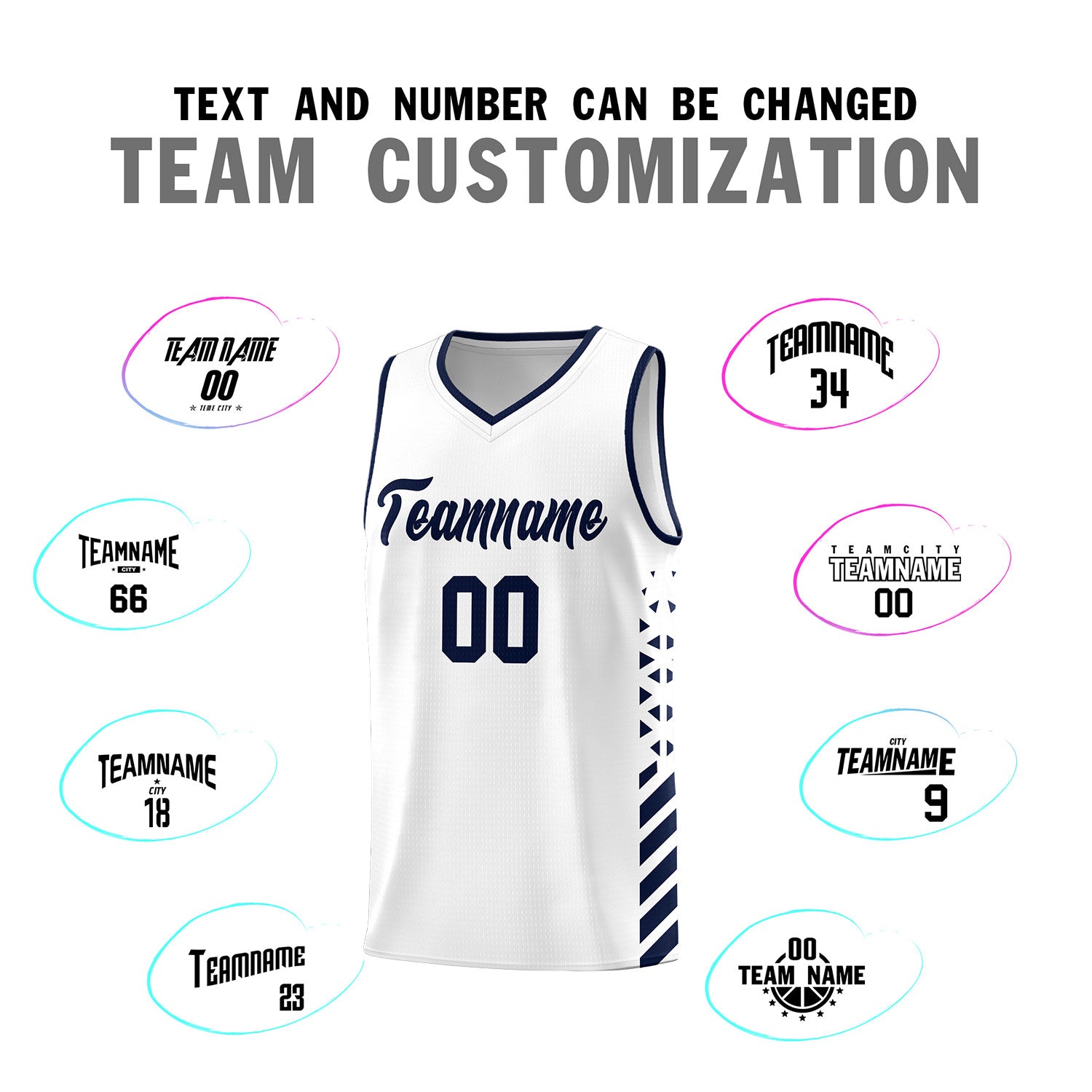 Custom White Basketball Kits With Side Navy Diamond Stripe Pattern