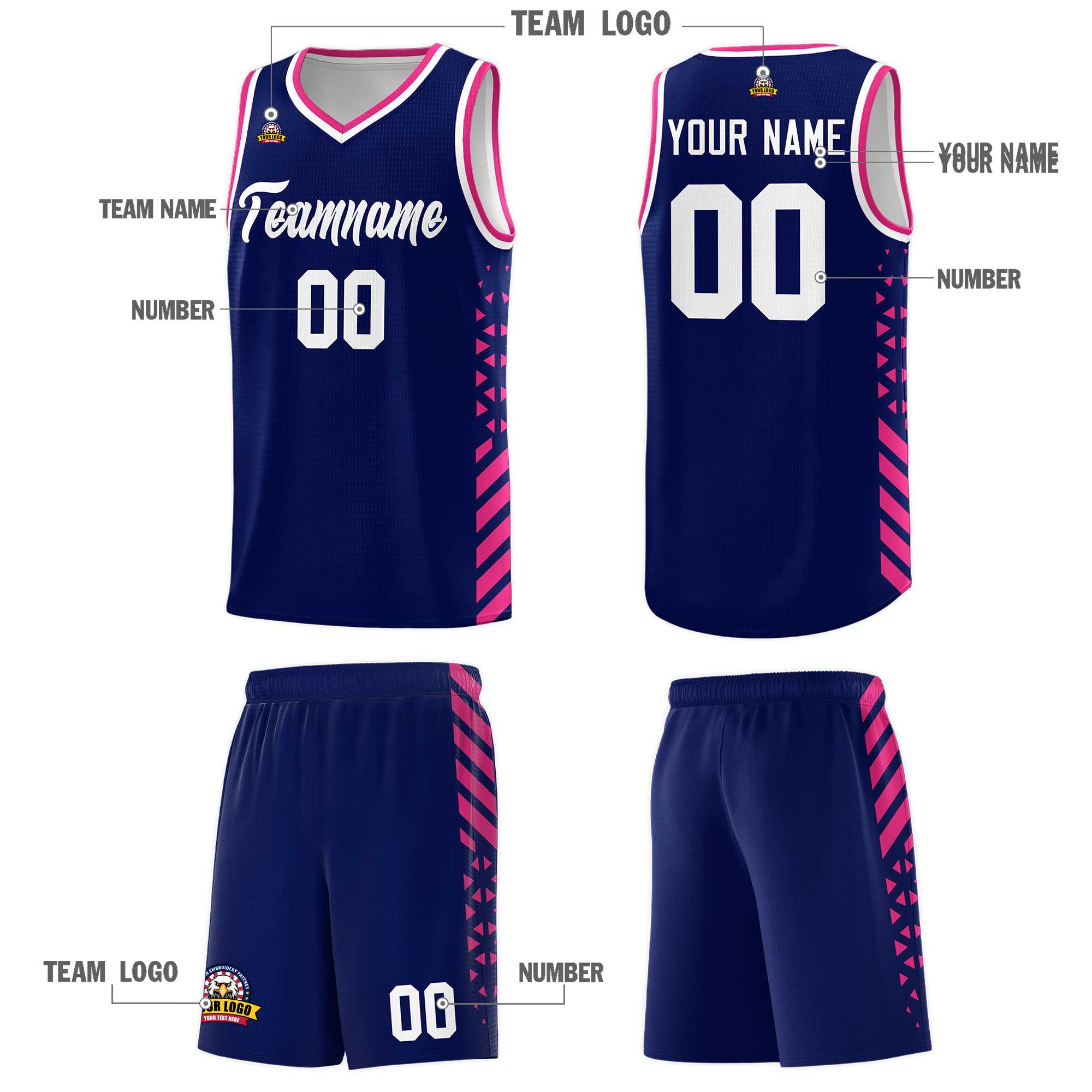 Custom Navy Basketball Kits With Side Rose Red Diamond Stripe Pattern