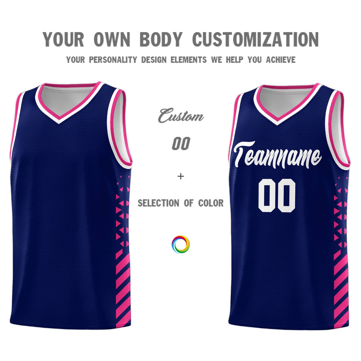 Custom Navy Basketball Kits With Side Rose Red Diamond Stripe Pattern