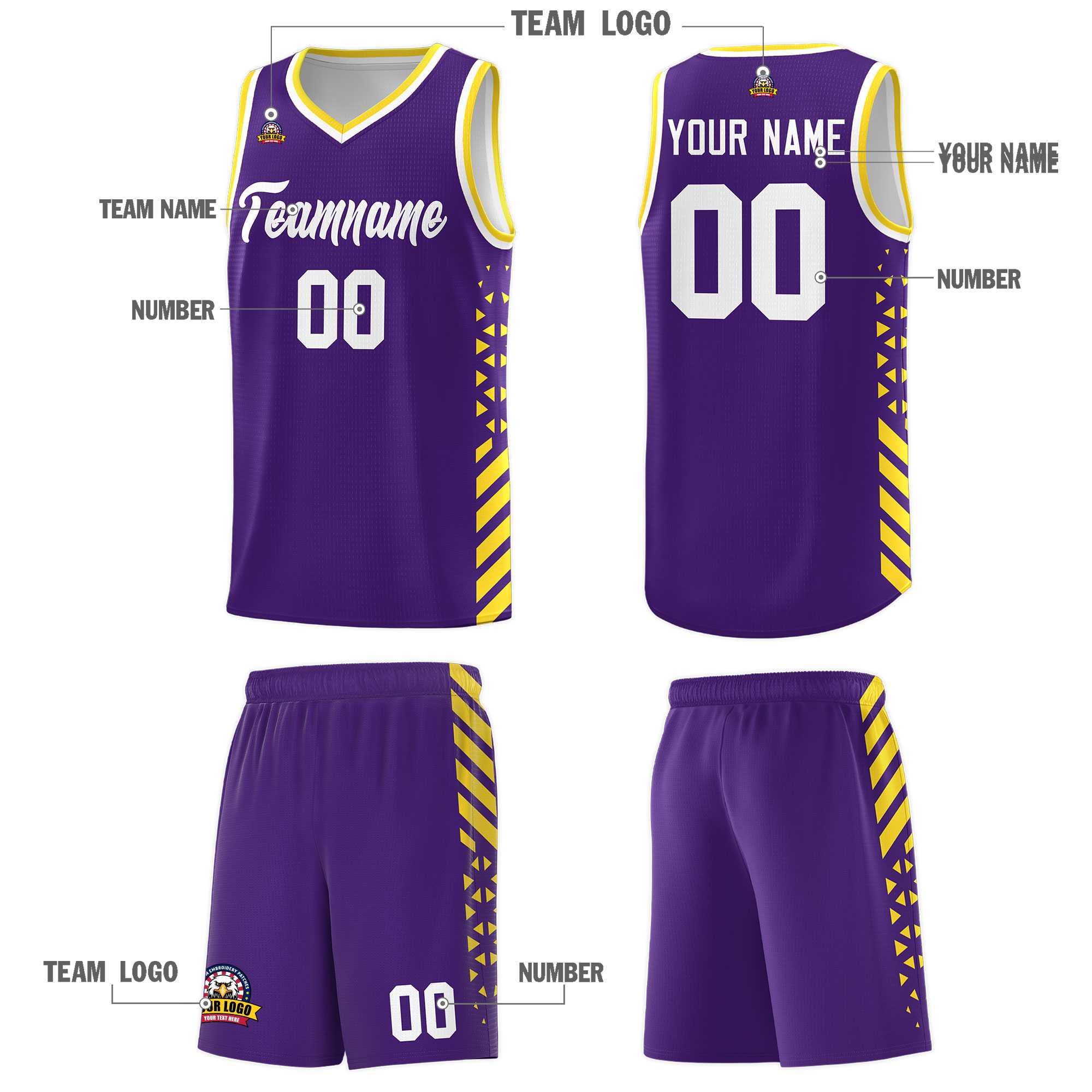 Custom Purple Basketball Kits With Side Gold Diamond Stripe Pattern