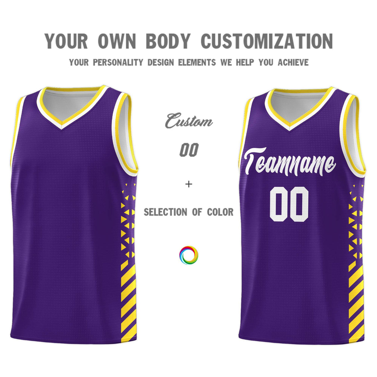 Custom Purple Basketball Kits With Side Gold Diamond Stripe Pattern