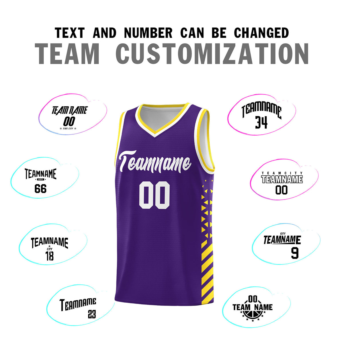 Custom Purple Basketball Kits With Side Gold Diamond Stripe Pattern