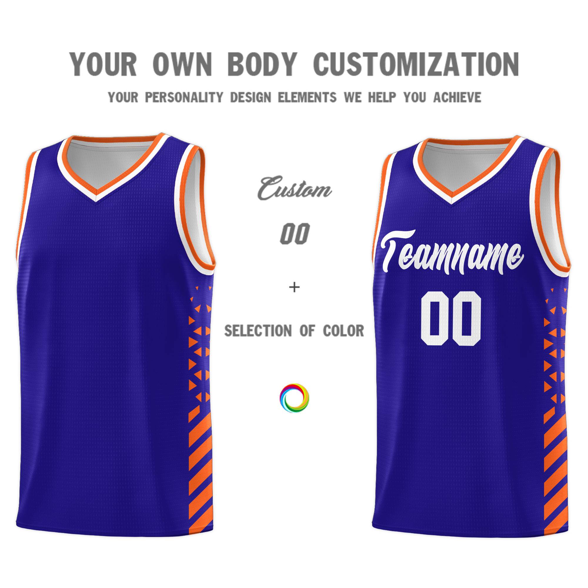 Custom Royal Basketball Kits With Side Orange Diamond Stripe Pattern