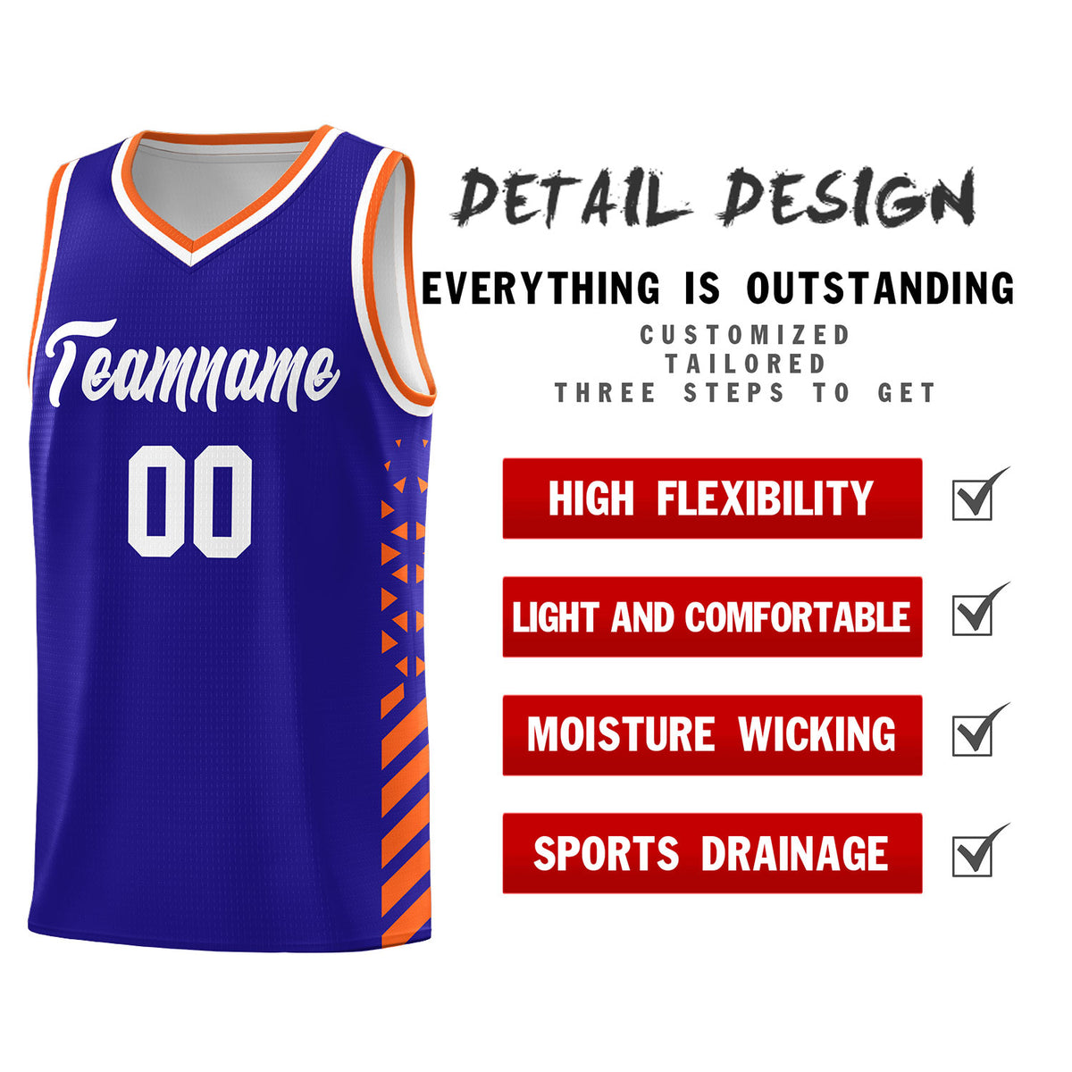 Custom Royal Basketball Kits With Side Orange Diamond Stripe Pattern