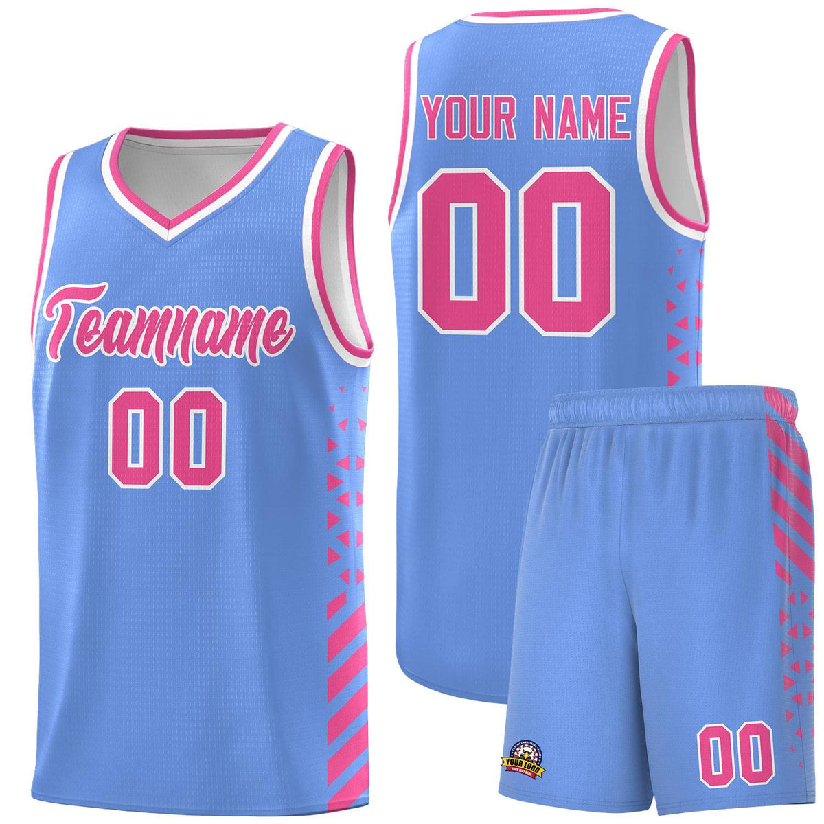 Custom Light Blue Basketball Kits With Side Pink Diamond Stripe Pattern