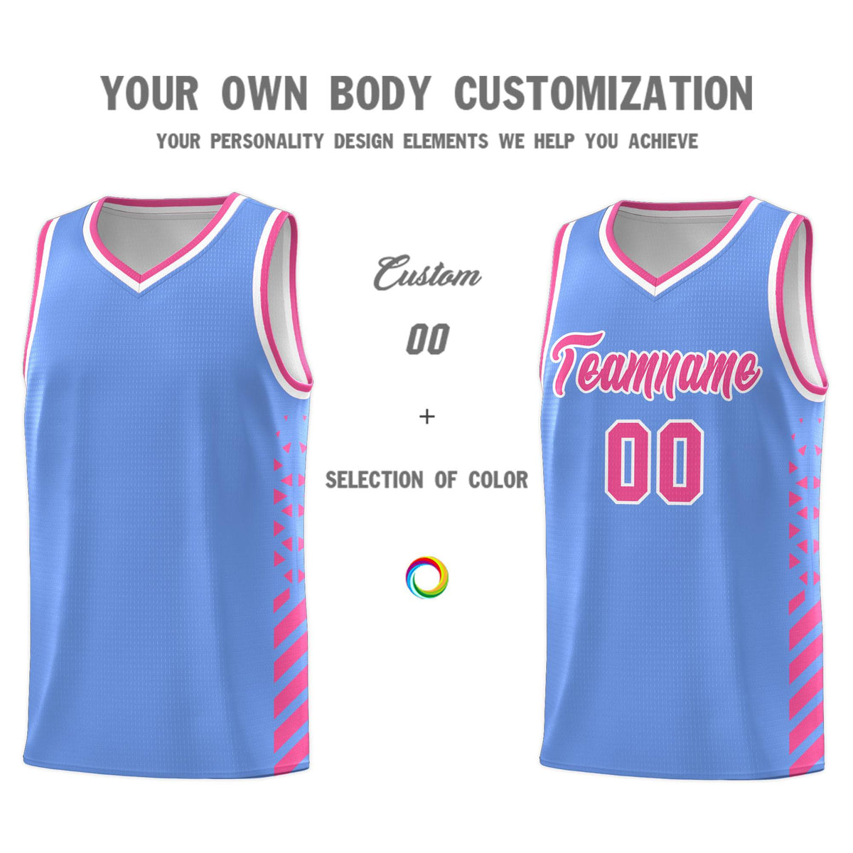 Custom Light Blue Basketball Kits With Side Pink Diamond Stripe Pattern