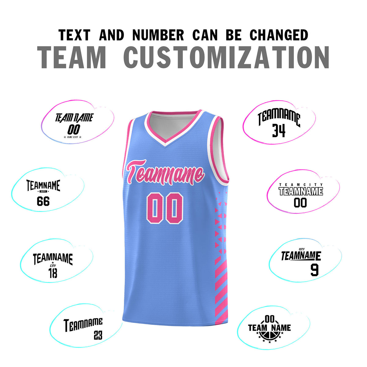 Custom Light Blue Basketball Kits With Side Pink Diamond Stripe Pattern