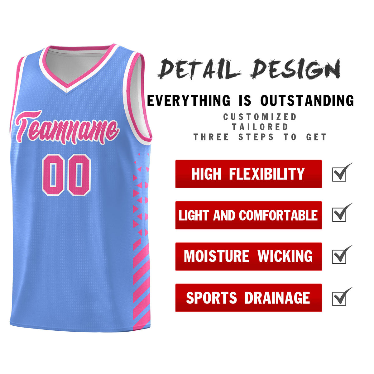 Custom Light Blue Basketball Kits With Side Pink Diamond Stripe Pattern