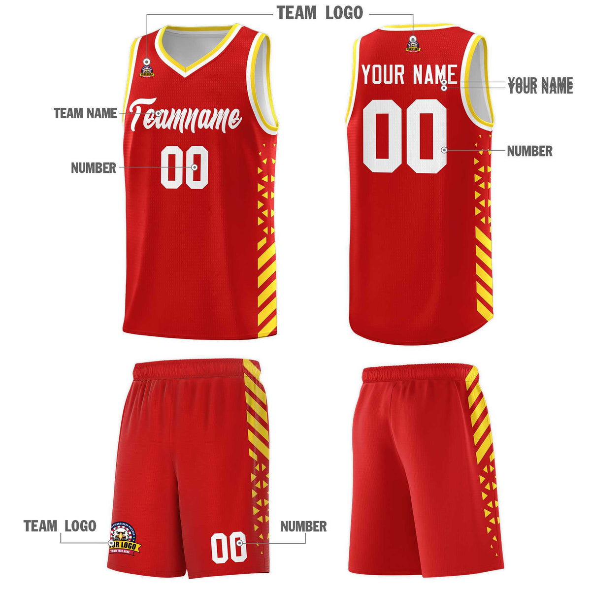 Custom Red Basketball Kits With Side Gold Diamond Stripe Pattern