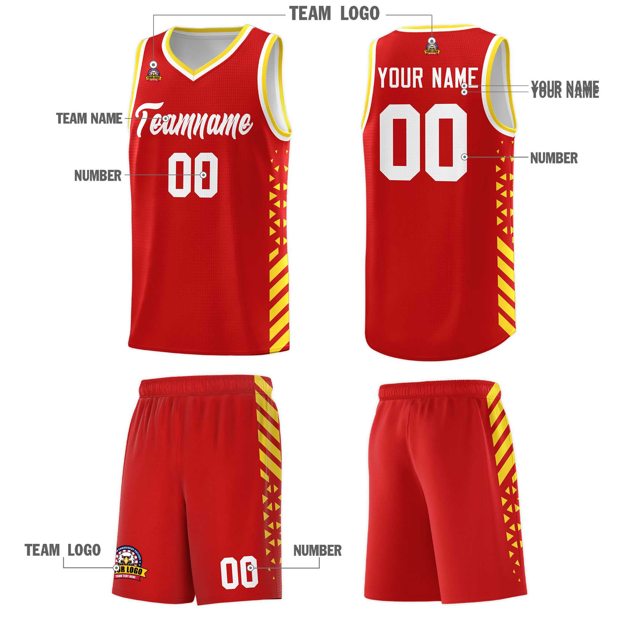 Custom Red Basketball Kits With Side Gold Diamond Stripe Pattern