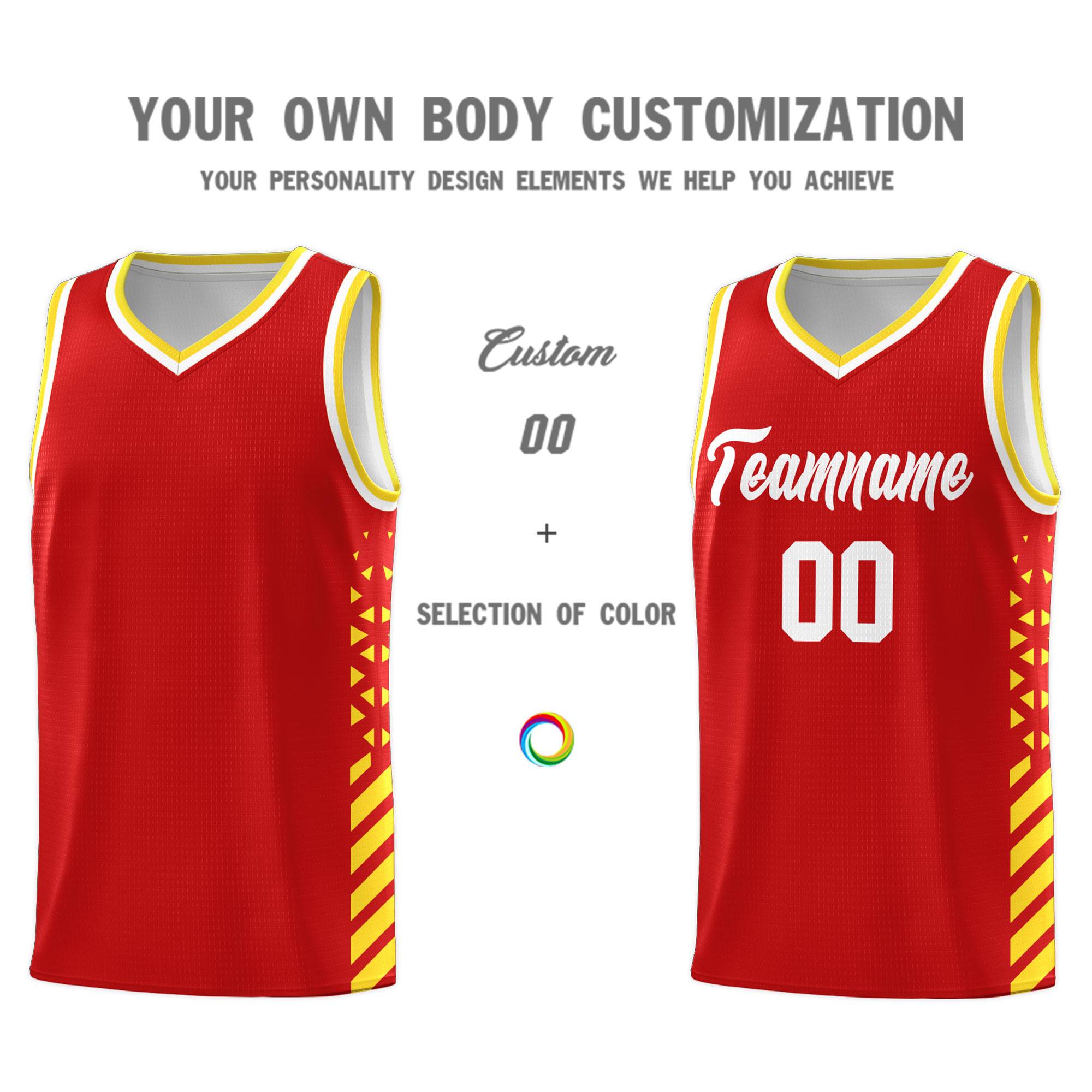 Custom Red Basketball Kits With Side Gold Diamond Stripe Pattern