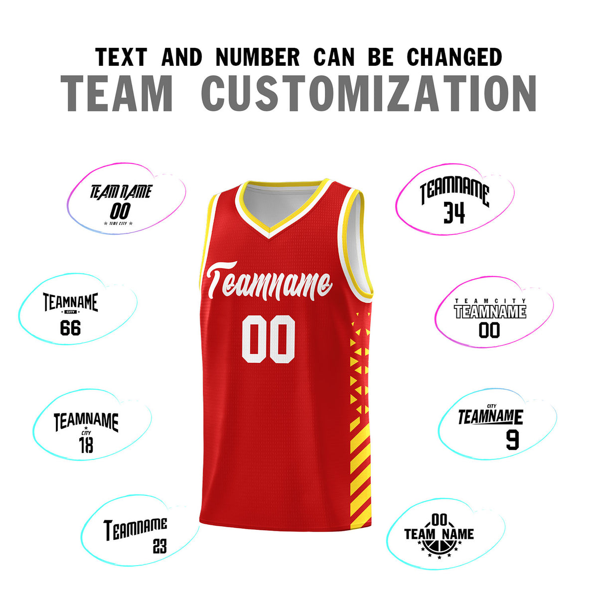 Custom Red Basketball Kits With Side Gold Diamond Stripe Pattern