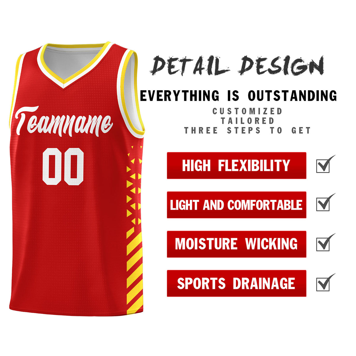 Custom Red Basketball Kits With Side Gold Diamond Stripe Pattern
