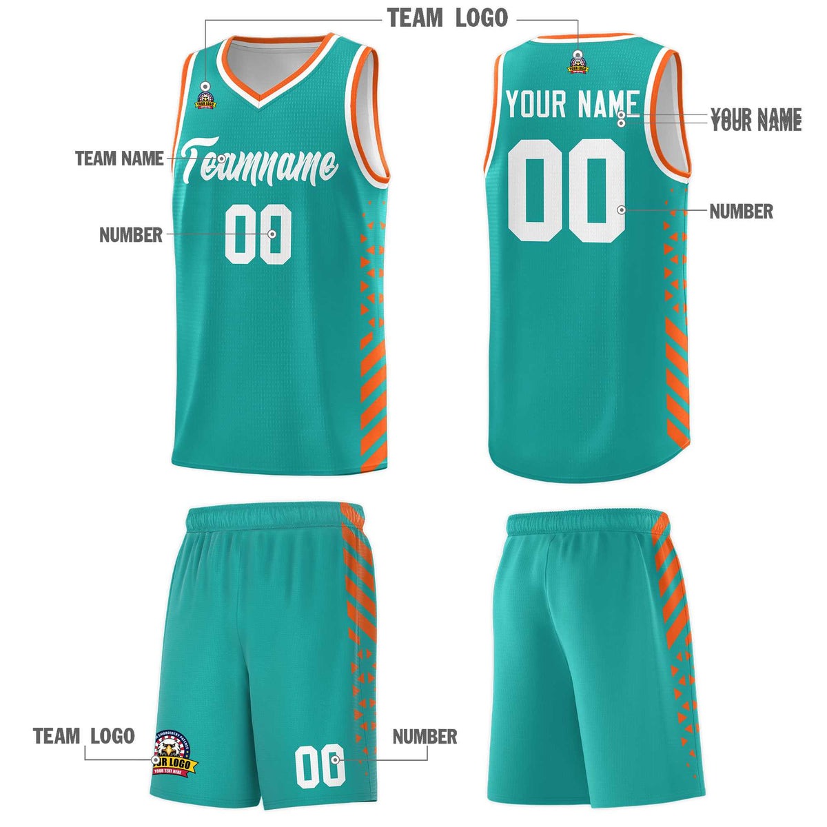 Custom Aqua Basketball Kits With Side Orange Diamond Stripe Pattern