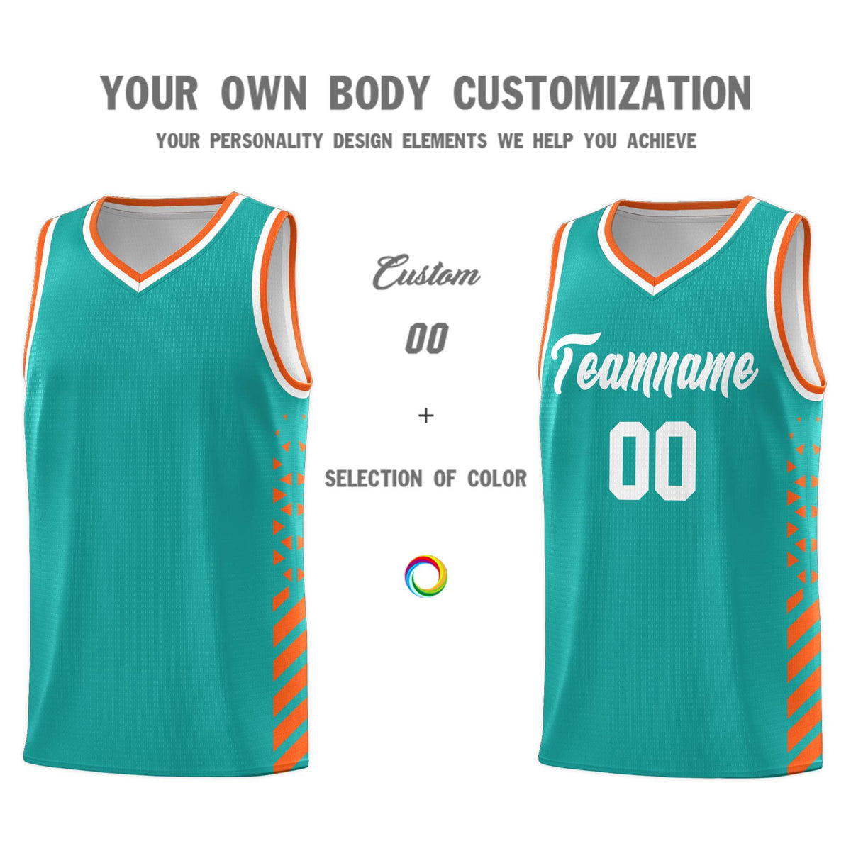 Custom Aqua Basketball Kits With Side Orange Diamond Stripe Pattern