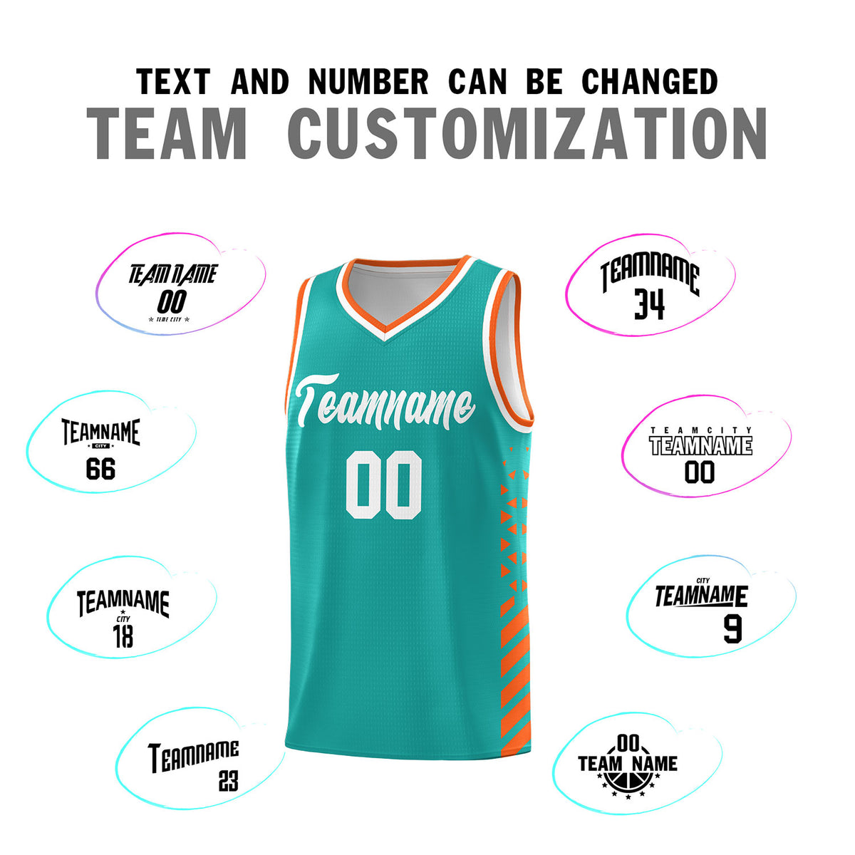 Custom Aqua Basketball Kits With Side Orange Diamond Stripe Pattern
