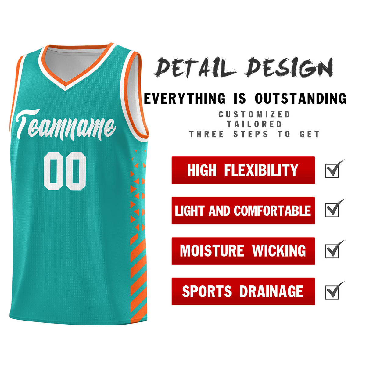 Custom Aqua Basketball Kits With Side Orange Diamond Stripe Pattern