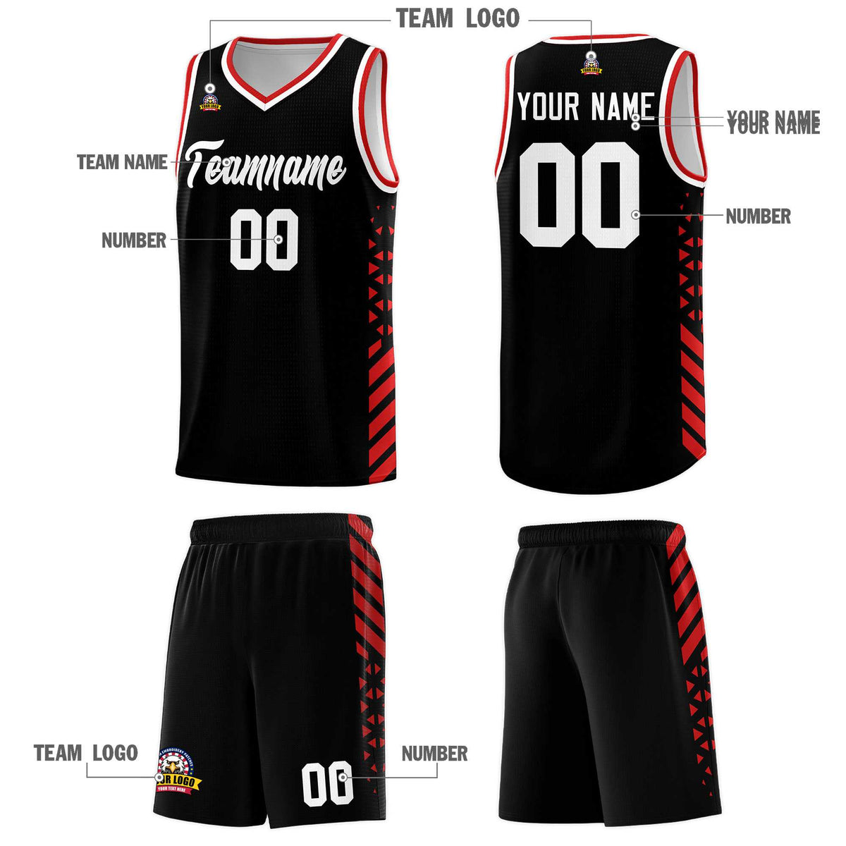 Custom Black Basketball Kits With Side Red Diamond Stripe Pattern