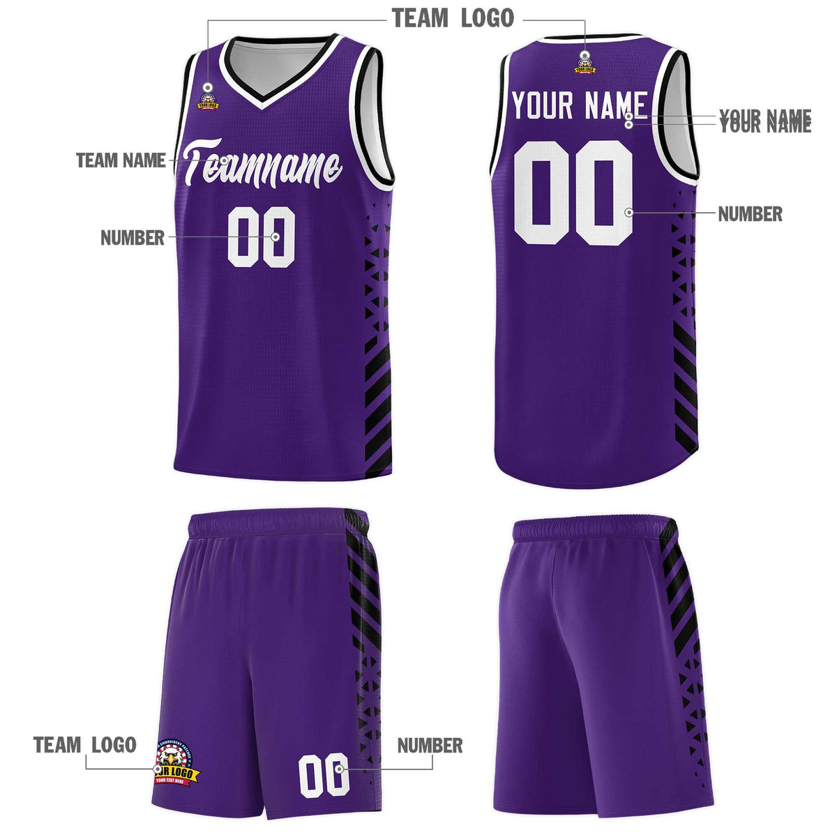 Custom Purple Basketball Kits With Side Black Diamond Stripe Pattern
