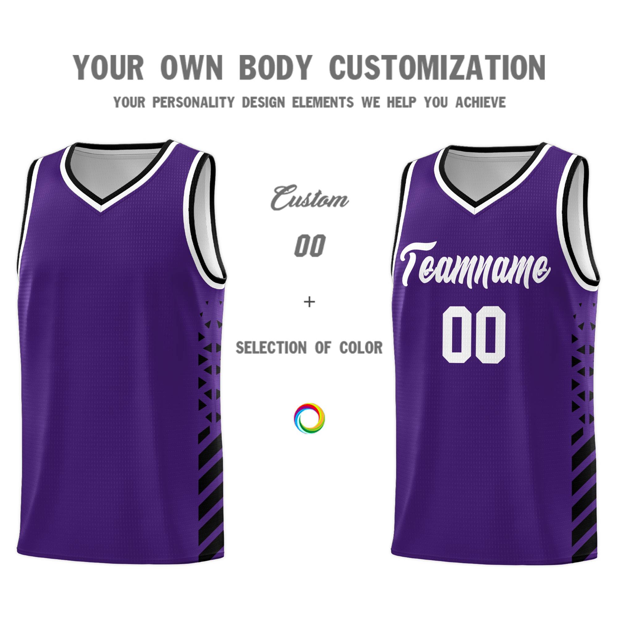 Custom Purple Basketball Kits With Side Black Diamond Stripe Pattern