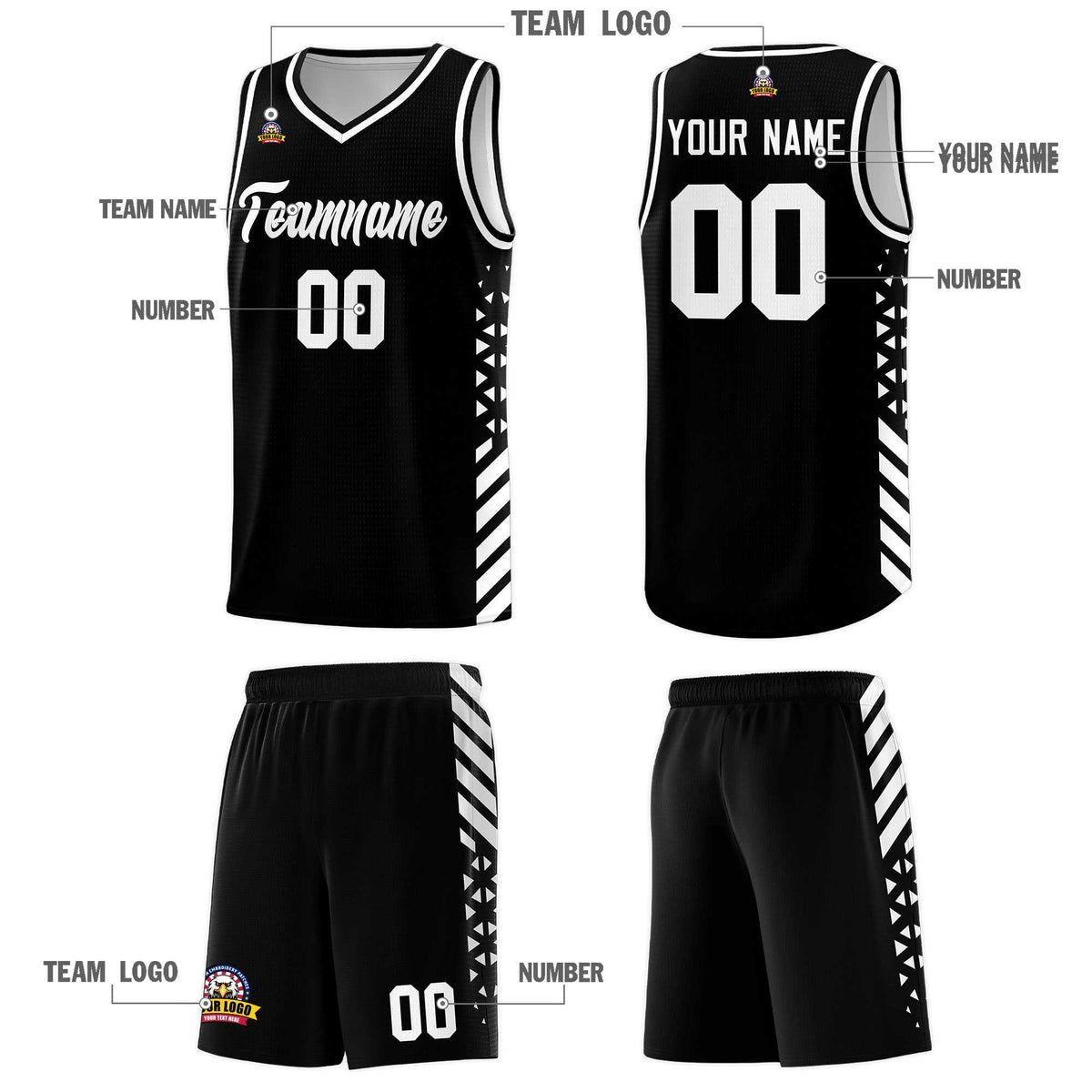 Custom Black Basketball Kits With Side White Diamond Stripe Pattern