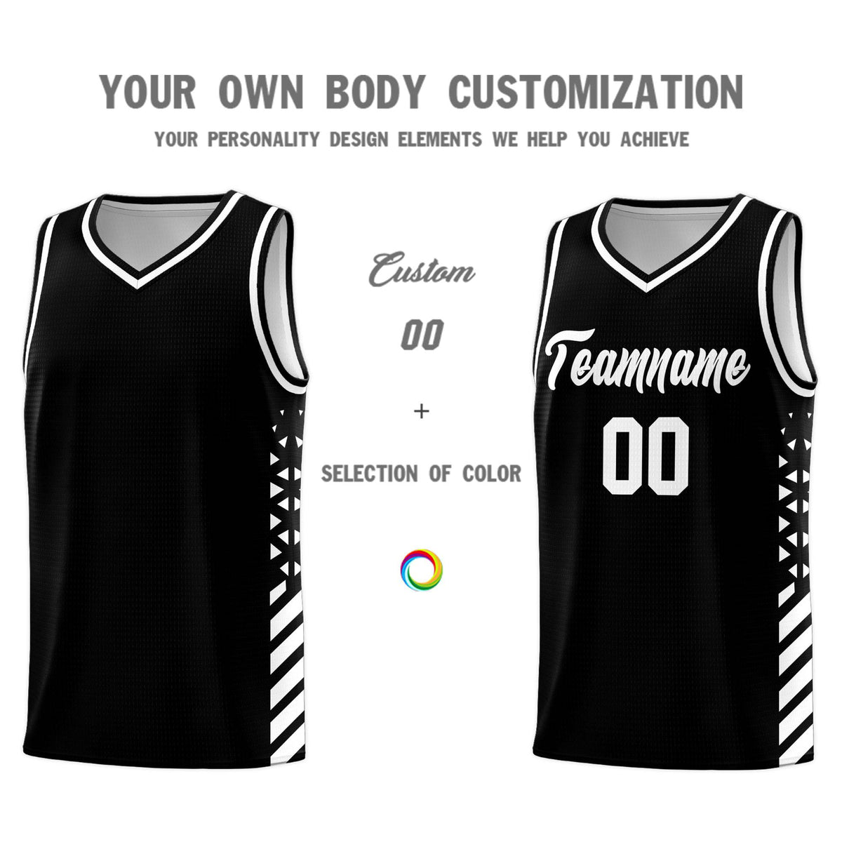 Custom Black Basketball Kits With Side White Diamond Stripe Pattern
