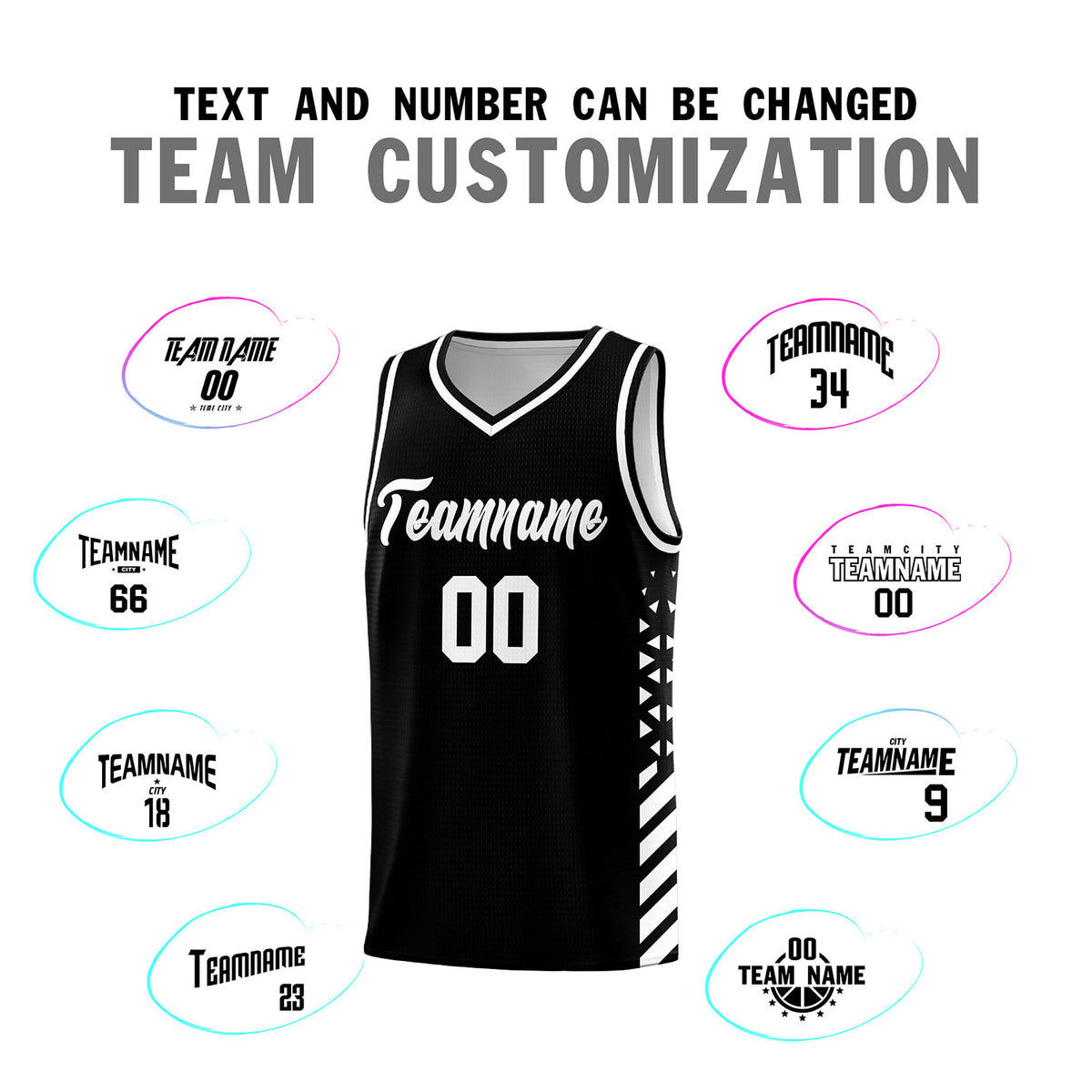Custom Black Basketball Kits With Side White Diamond Stripe Pattern