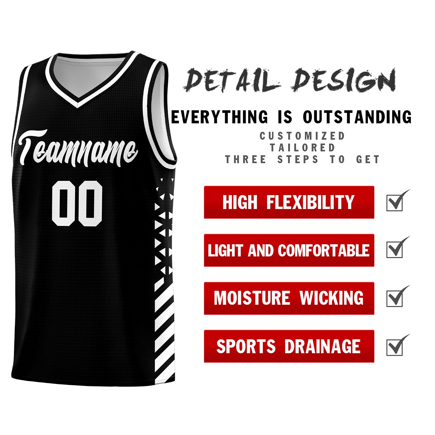 Custom Black Basketball Kits With Side White Diamond Stripe Pattern