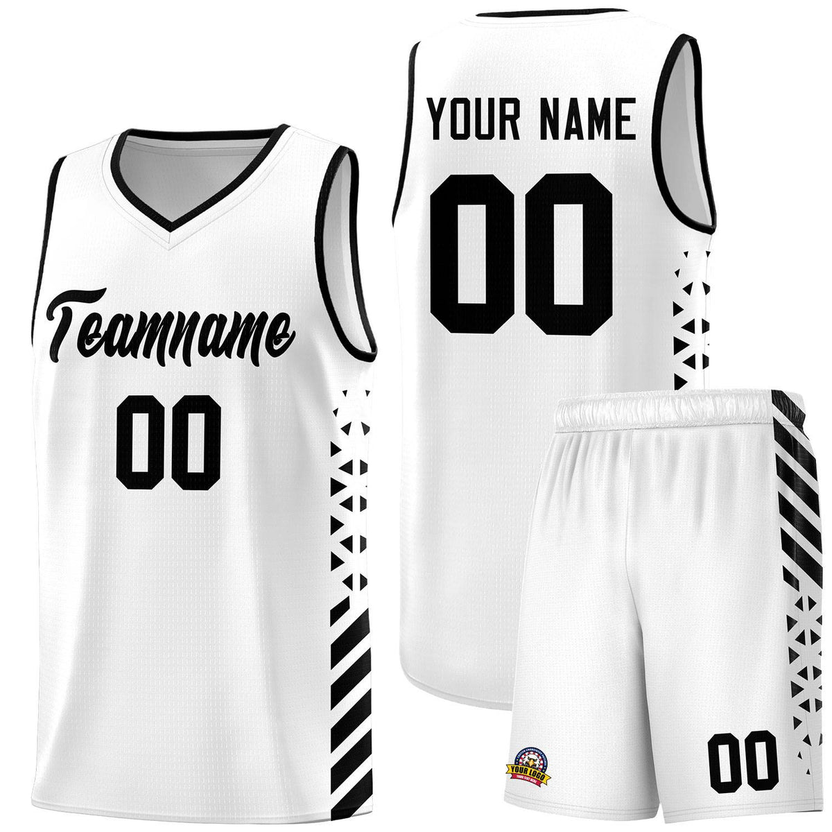 Custom White Basketball Kits With Side Black Diamond Stripe Pattern
