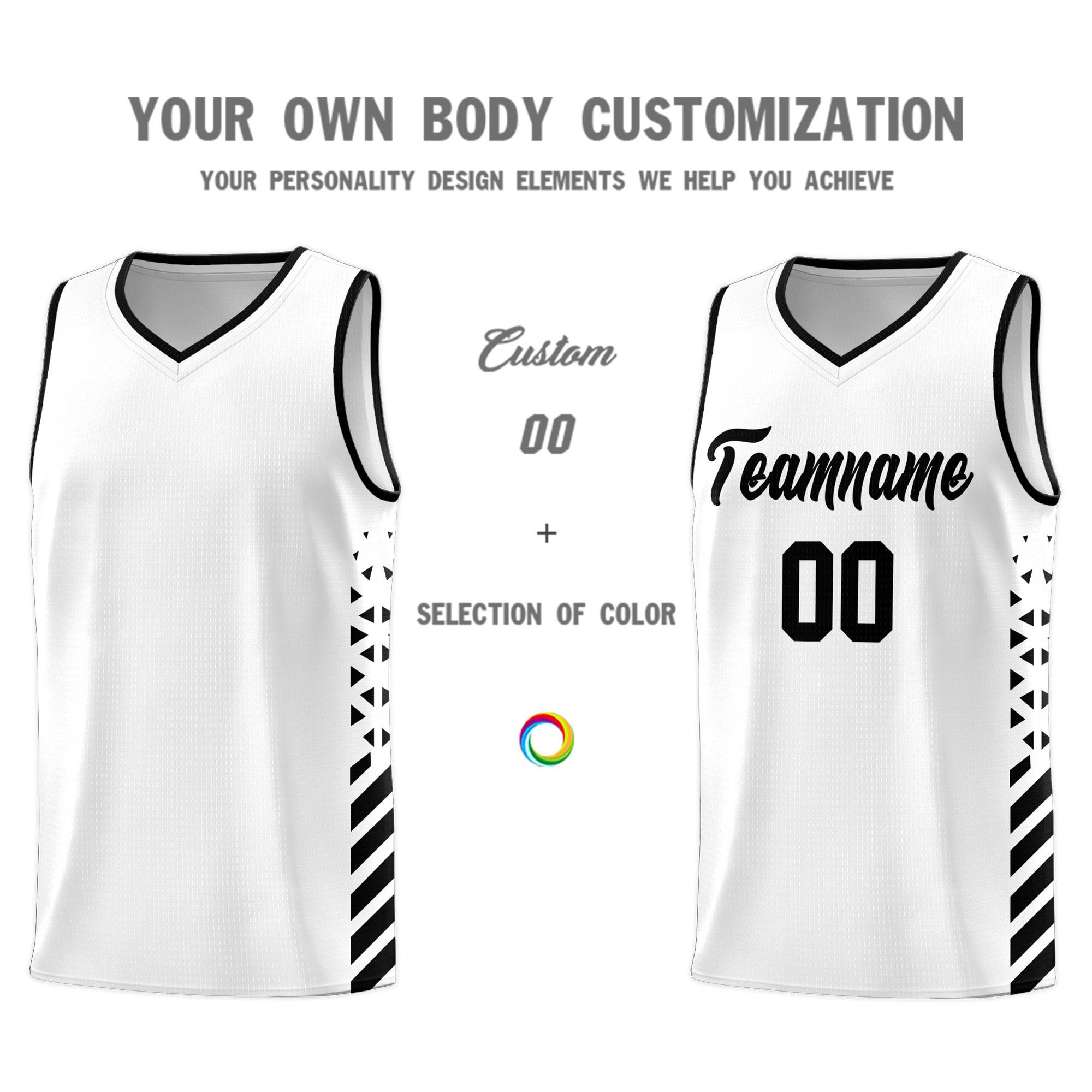 Custom White Basketball Kits With Side Black Diamond Stripe Pattern