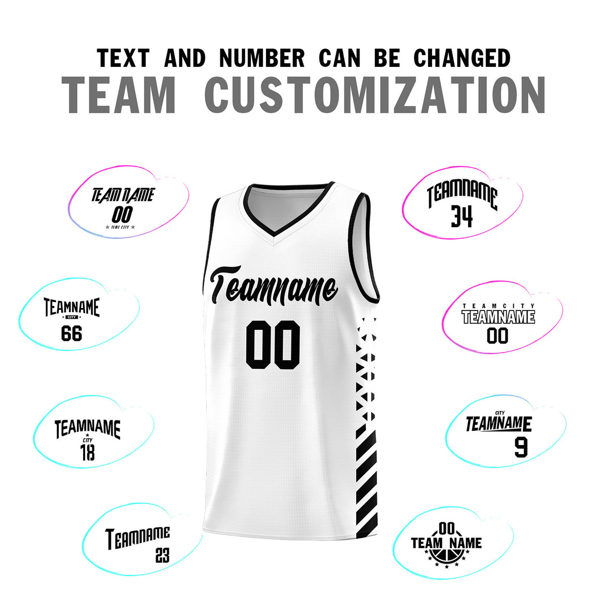 Custom White Basketball Kits With Side Black Diamond Stripe Pattern