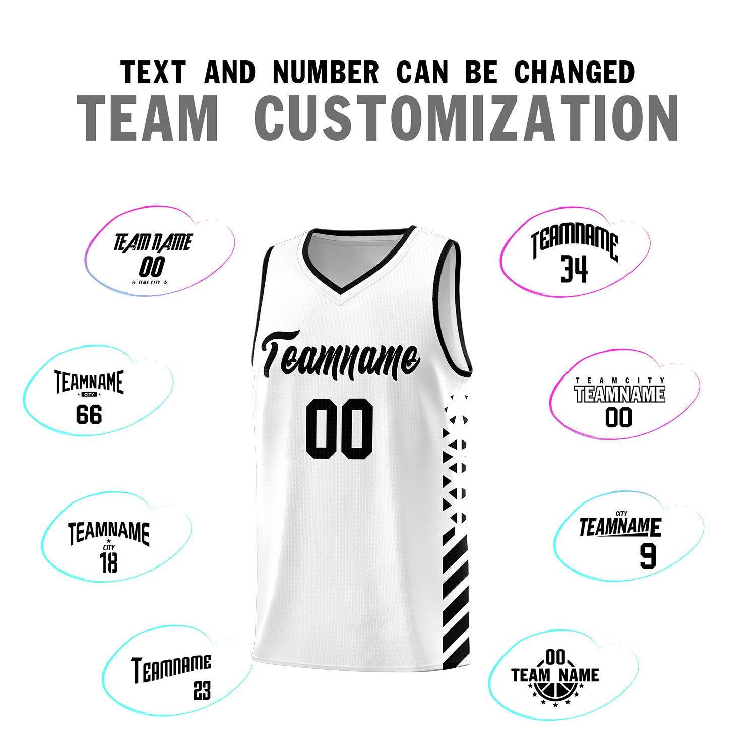 Custom White Basketball Kits With Side Black Diamond Stripe Pattern