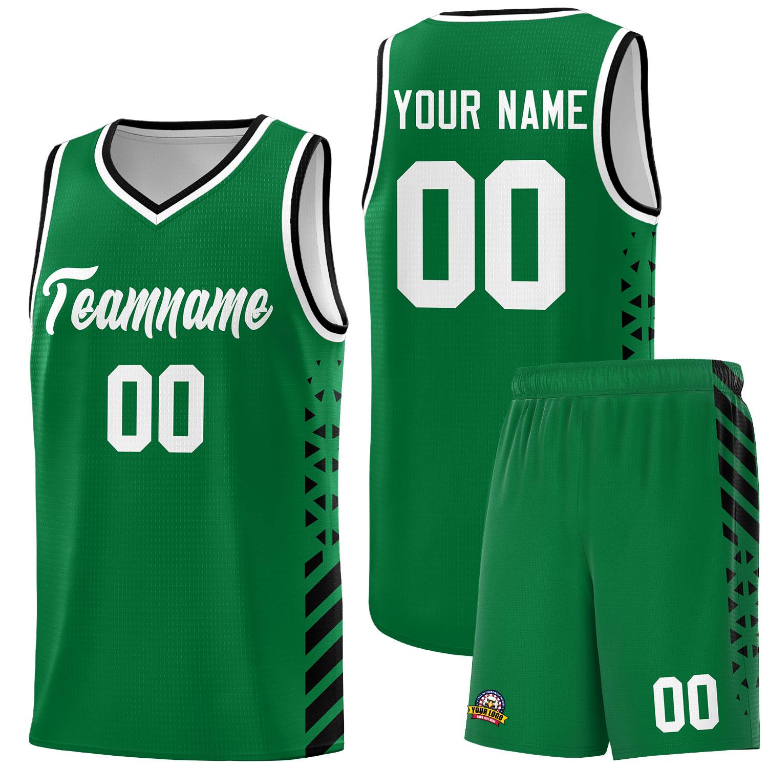 Custom Kelly Green Basketball Kits With Side Black Diamond Stripe Pattern