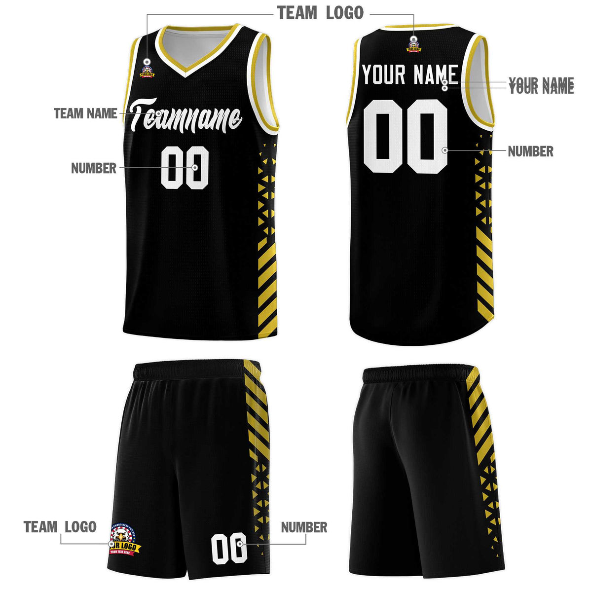 Custom Black Basketball Kits With Side Old Gold Diamond Stripe Pattern