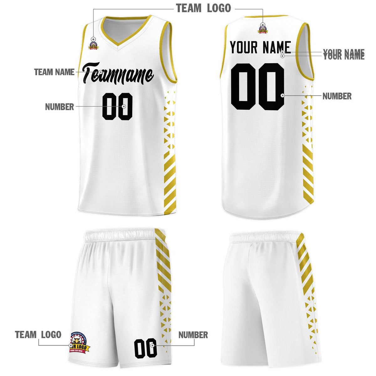 Custom White Basketball Kits With Side Old Gold Diamond Stripe Pattern