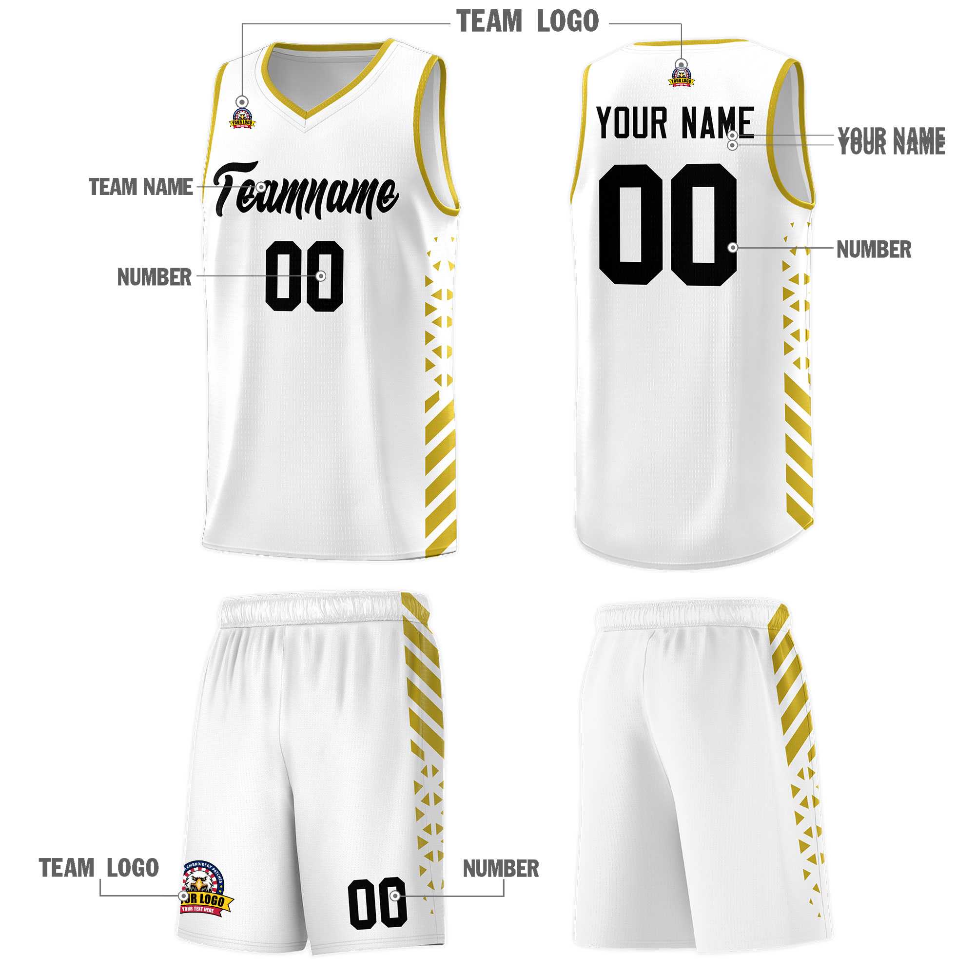 Custom White Basketball Kits With Side Old Gold Diamond Stripe Pattern