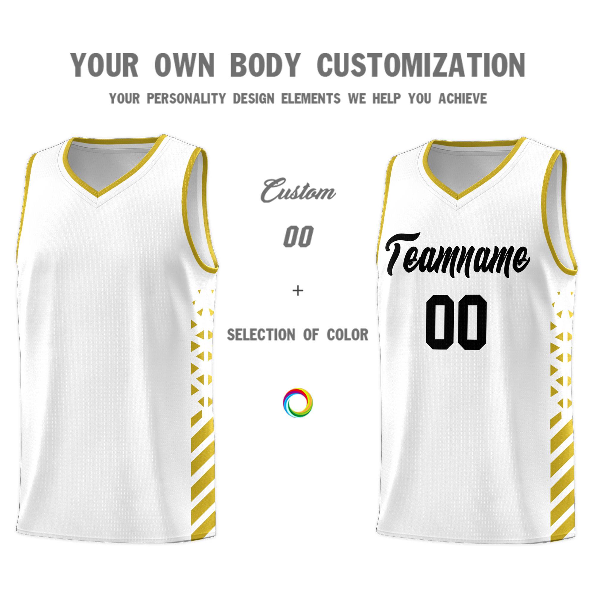 Custom White Basketball Kits With Side Old Gold Diamond Stripe Pattern