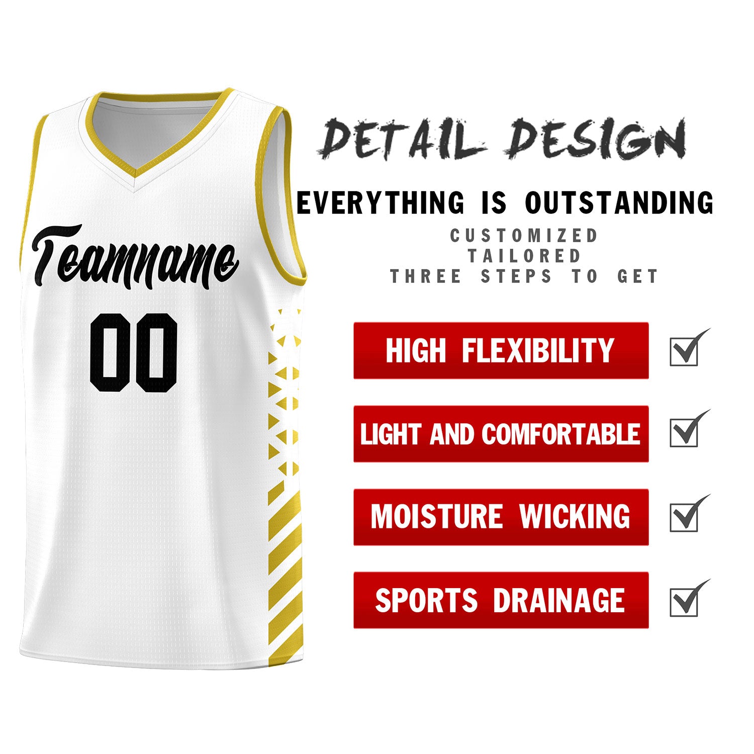 Custom White Basketball Kits With Side Old Gold Diamond Stripe Pattern
