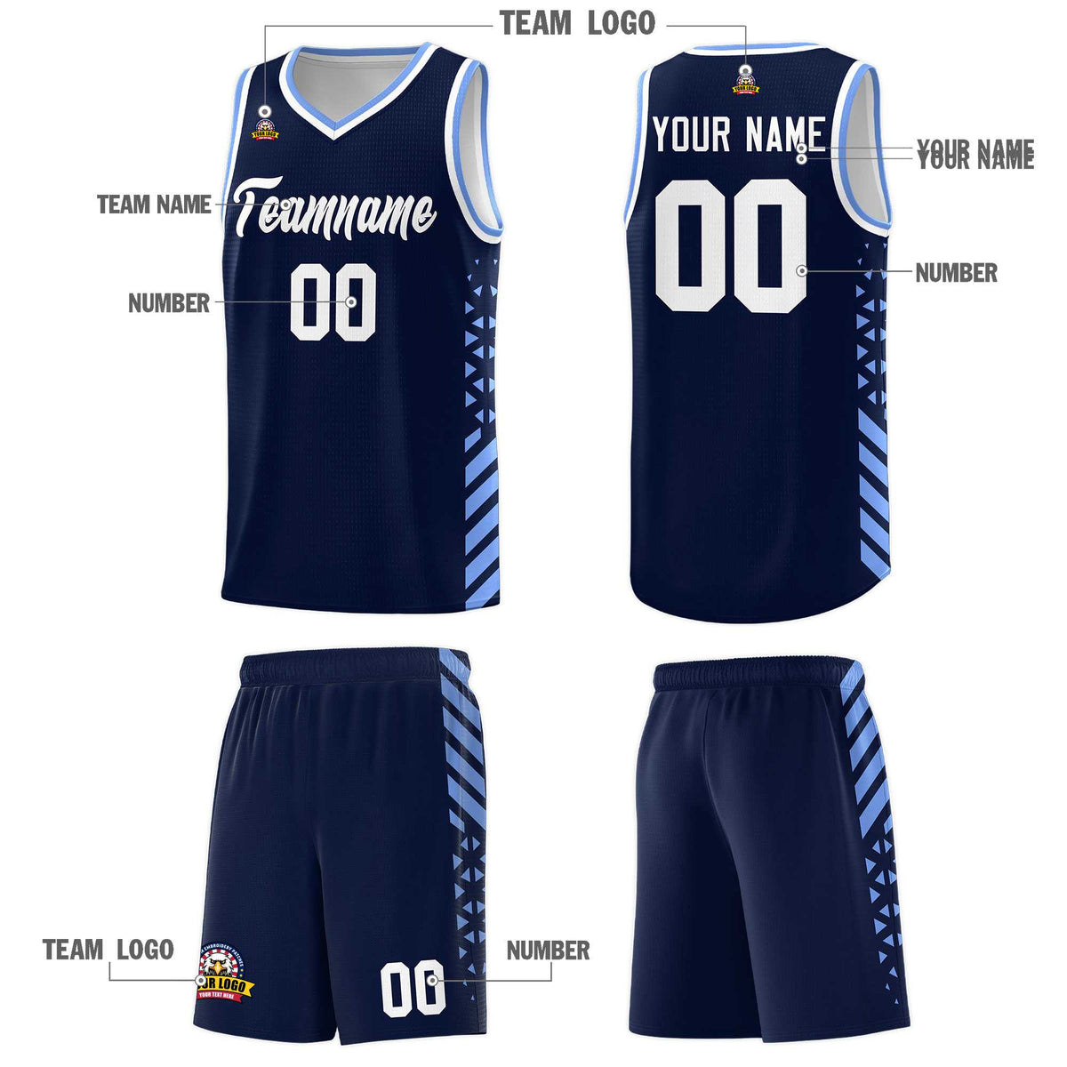 Custom Navy Basketball Kits With Side Light Blue Diamond Stripe Pattern