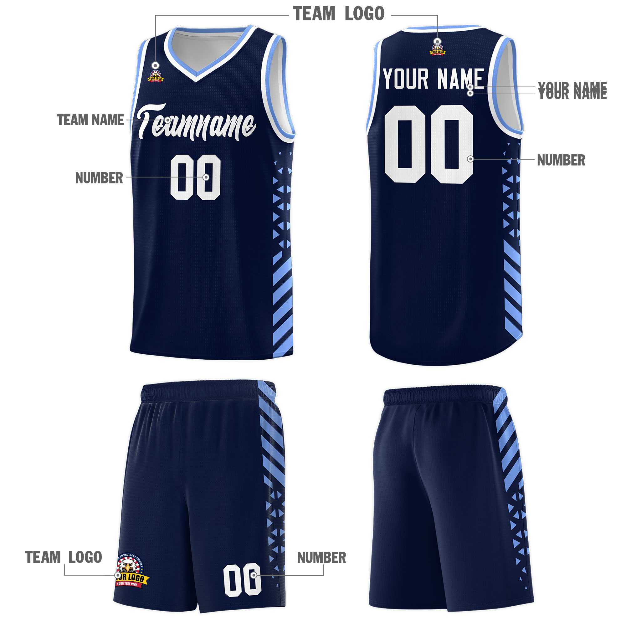 Custom Navy Basketball Kits With Side Light Blue Diamond Stripe Pattern