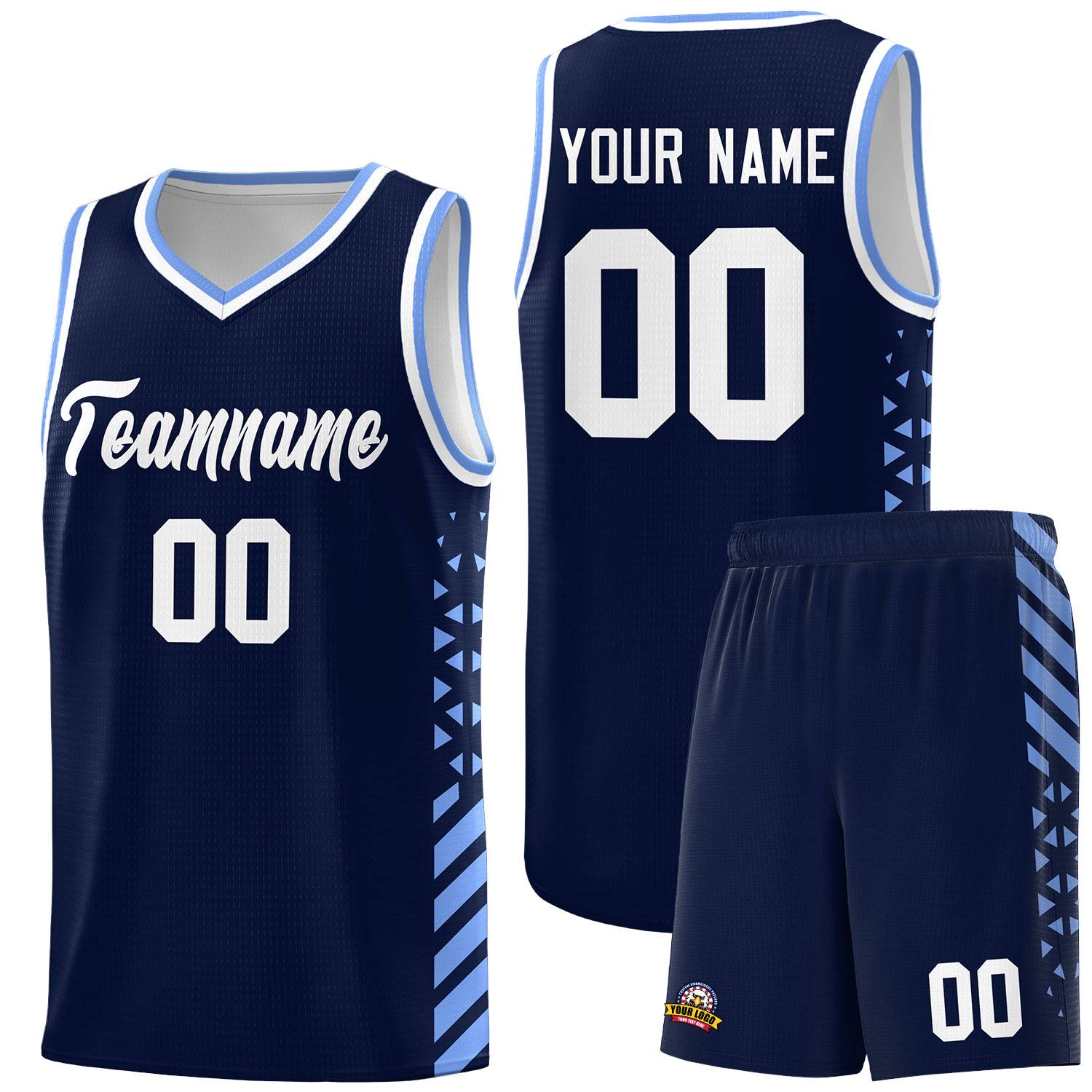 Custom Navy Basketball Kits With Side Light Blue Diamond Stripe Pattern