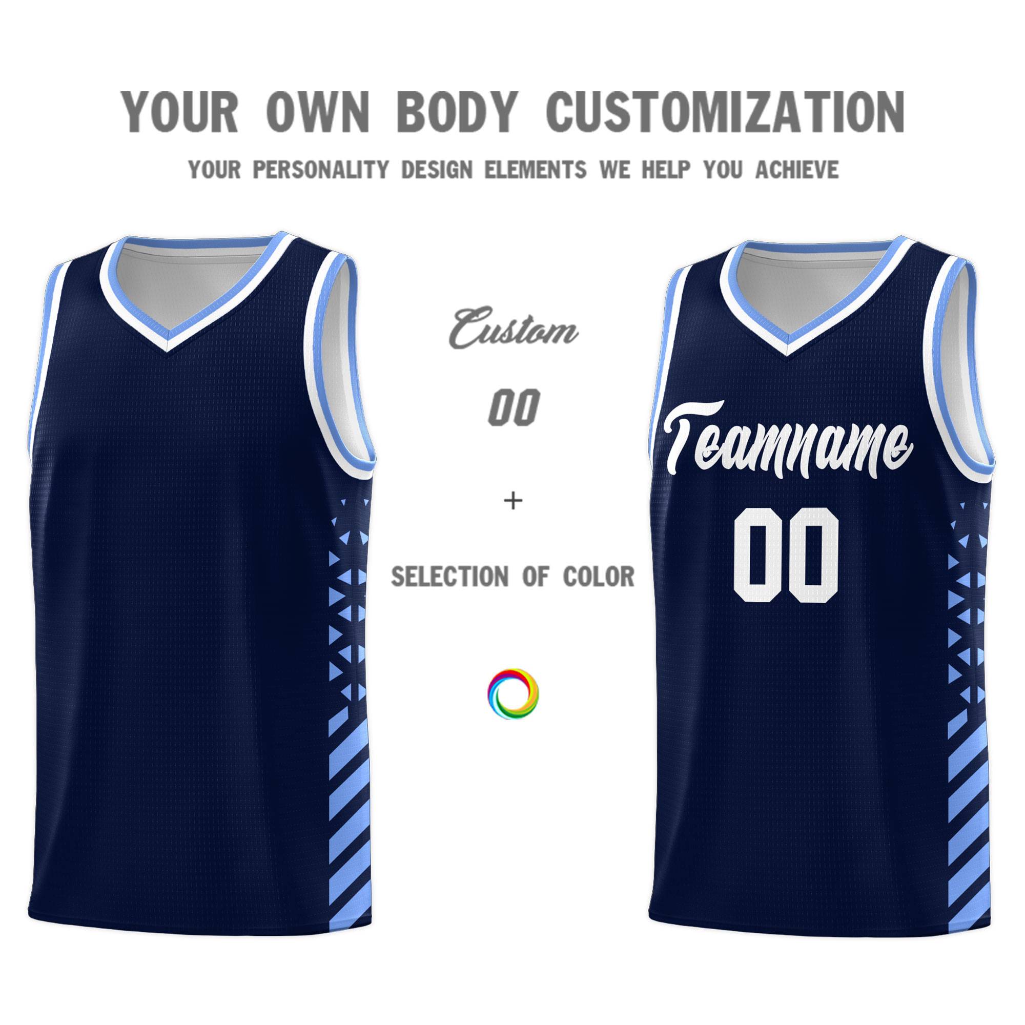 Custom Navy Basketball Kits With Side Light Blue Diamond Stripe Pattern